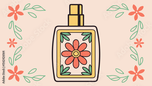 Vector illustration of a floral perfume bottle with decorative frame, beauty product design