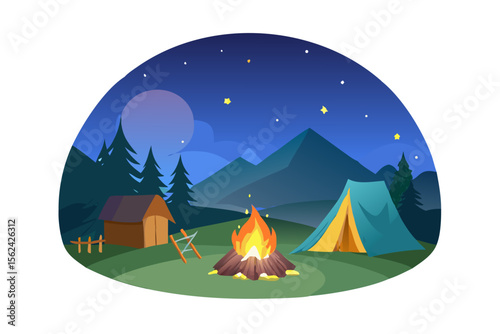 Cozy campsite under a starry night sky with a campfire and tent