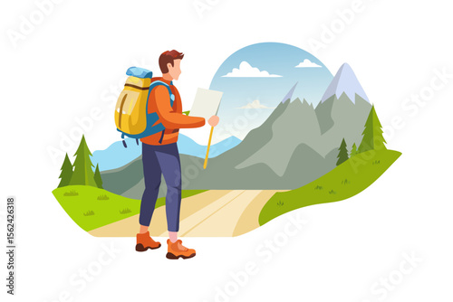 Adventurous hiker with backpack studying a map amidst a scenic mountain landscape