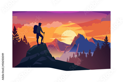 Silhouette of a hiker on a mountain peak watching a vibrant sunset over rugged peaks