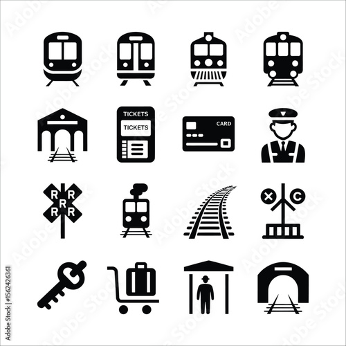 Trains transportation travel railway station tickets card key luggage tunnel vector icons set illustration