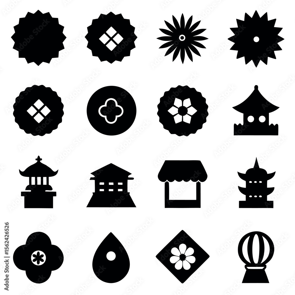 Obraz premium Japanese Culture Vector Icons: Black Silhouette Design Set