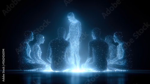 A group hologram of people in a dark room. It is a symbol of cooperation between AI agents and humans to work in teamwork