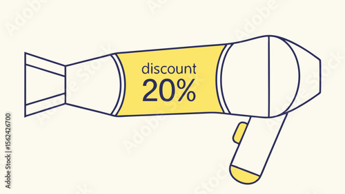 Vector illustration of a hairdryer with discount label, promotional design for beauty products