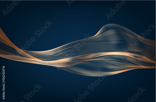 Gold wave lines on dark blue background with lighting effect and glitter with copy space for text. Luxury design style. Vector illustration