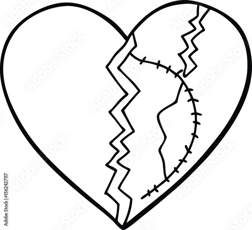 A symbolic broken heart with a prominent crack and a small detached fragment isolated on white background isolated on transparent background