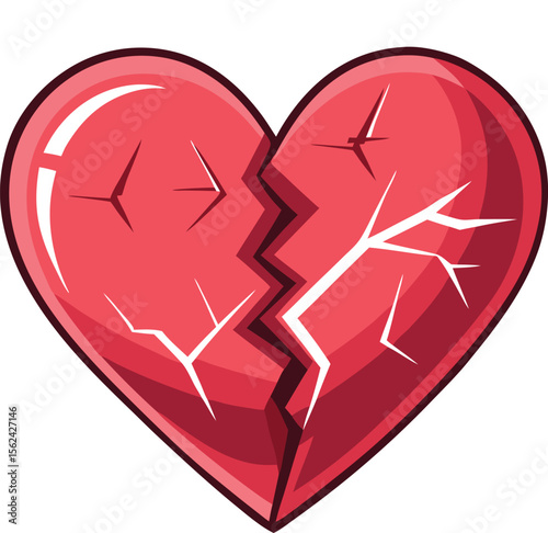 A cracked red heart with a small fragment broken off symbolizing heartbreak and loss isolated on white background isolated on transparent background