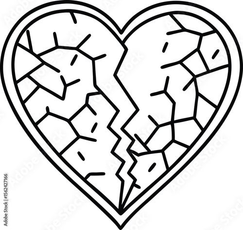 A visually striking graphic of a broken heart with a prominent crack and a small detached fragment isolated on white background isolated on transparent background