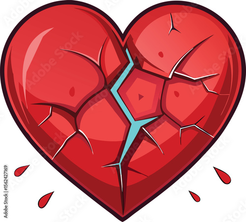 Symbolic broken heart with a prominent crack and a small detached fragment representing heartbreak and sadness isolated on white background isolated on transparent background