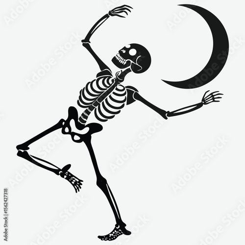 Skeleton dancing under a crescent moon image silhouette design vector art and illustration