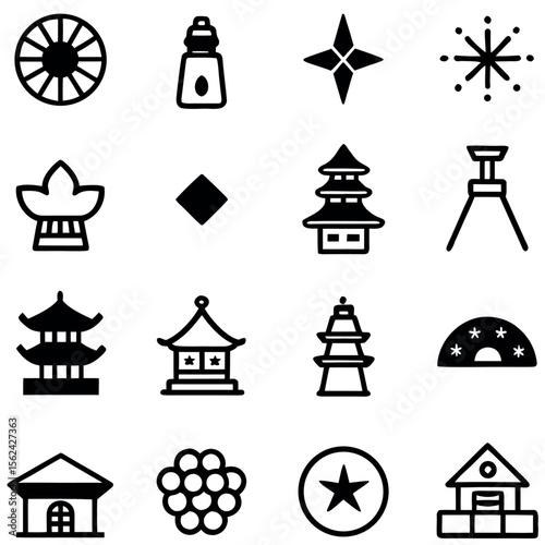 Vector Asian architecture icons: pagoda, temple, star, and more.