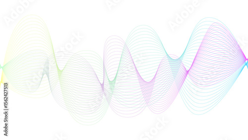 Vector curvy abstract line art wavy flowing dynamic colorful lines white background in concept music or sound, wave, wind, information flow	