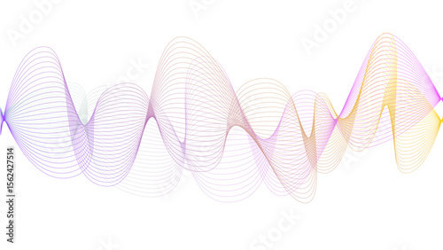 Vector curvy abstract line art wavy flowing dynamic colorful lines white background in concept music or sound, wave, wind, information flow	