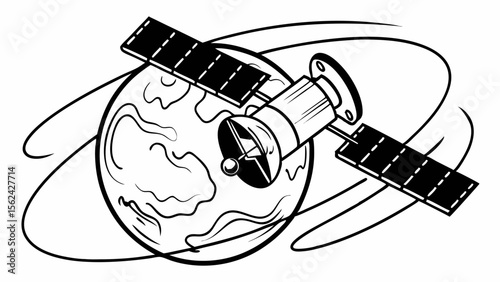 Vector illustration of satellite orbiting Earth, space technology concept, communication imagery
