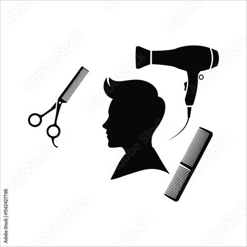 Hair salon barber shop haircut styling tools silhouette vector illustration design for business branding logo