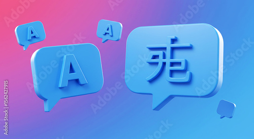 3D language translation concept. Multilingual communication with English and Chinese character speech bubbles. 3D render illustration.