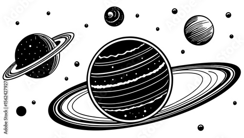Detailed black and white vector illustration of planets in outer space, cosmic art design