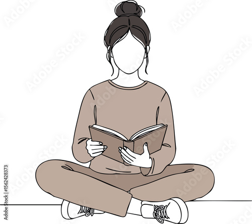 Woman Sitting Cross Legged Reading Book in Casual Clothing Vector Illustration 