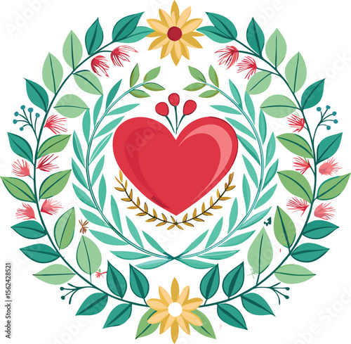 Elegant heart surrounded by a detailed floral wreath in a circular frame isolated on white background isolated on transparent background