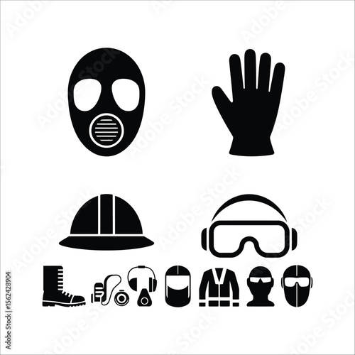 Safety equipment icons vector set protective workwear uniform collection black isolated on white background