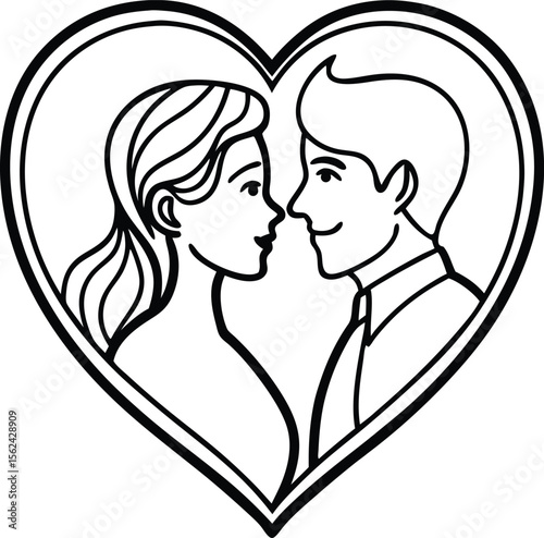 Minimalist couple silhouette embracing within a romantic heart frame isolated on white background isolated on transparent background