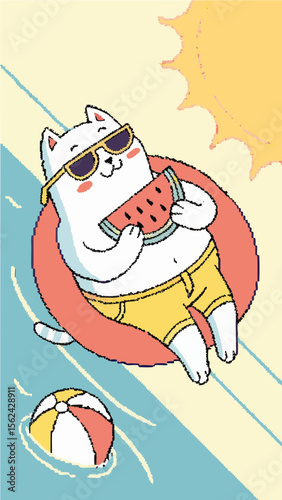 cartoon illustration of a cute, big, fluffy white cat floating on a pool floaty, wearing yellow boxer shorts and yellow sunglasses