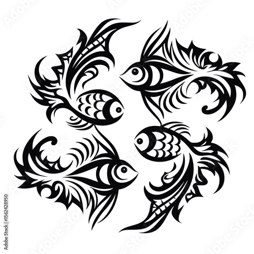 Tribal ornamented black fish silhouettes in an artistic spiral arrangement create striking patterns