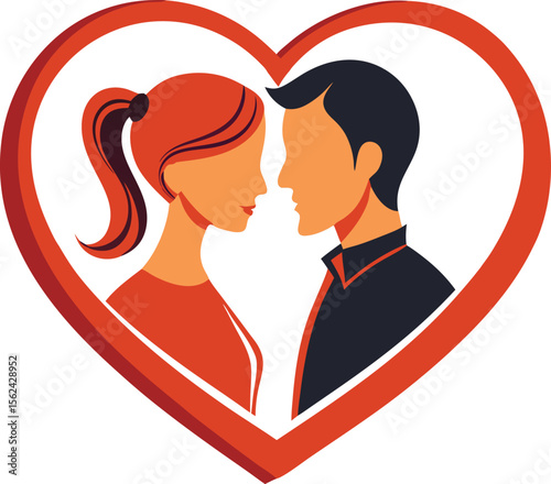 Minimalist couple silhouette embracing within a romantic heart shaped frame isolated on white background isolated on transparent background