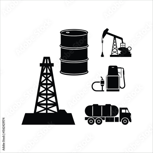 Oil industry vector icons: drilling rig, pumpjack, barrel, gas station, and tanker truck illustration