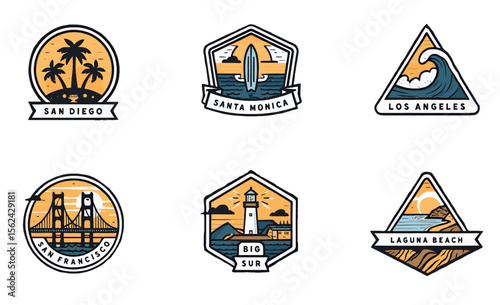 California Coastline Badges San Diego, Santa Monica, Los Angeles, San Francisco, Big Sur, Laguna Beach
