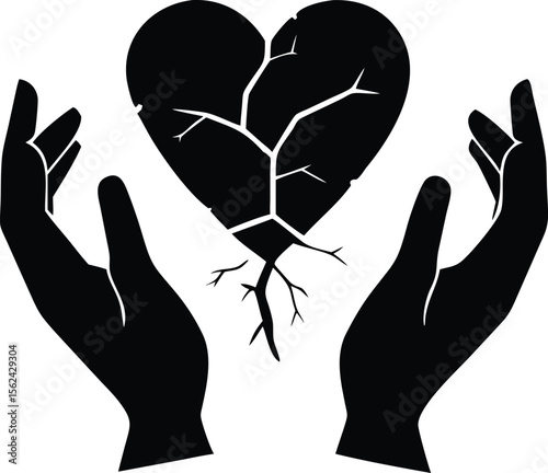 Two hands gently holding a cracked heart with a small plant growing symbolizing hope and healing isolated on white background isolated on transparent background