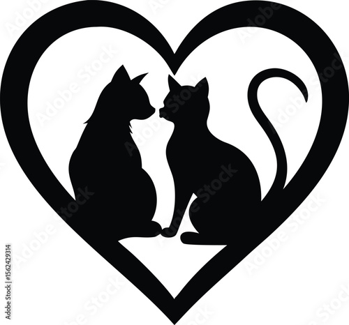 Two affectionate cats with intertwined tails sitting inside a stylized heart shape isolated on white background isolated on transparent background