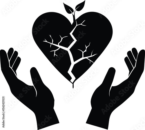 Two hands gently holding a fragile cracked heart with a small plant growing from it isolated on white background isolated on transparent background