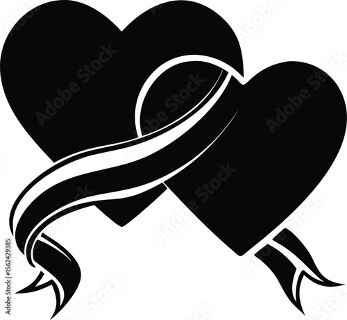 Two connected red hearts with a flowing ribbon between them isolated on white background isolated on transparent background