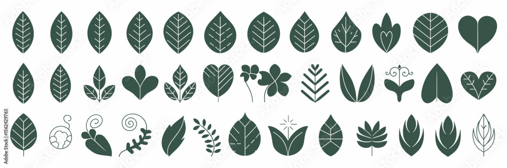 Fototapeta premium Decorative leaf icons in whimsical shapes and patterns – Ideal for art projects, botanical prints, or eco-themed branding