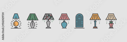 Lamp icon sheet with varied lighting and shade designs – Suitable for lighting guides, design assets, or lifestyle content