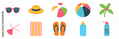 Vector icon sheet of colorful summer essentials – Perfect for travel marketing, e-commerce visuals, or seasonal promotions