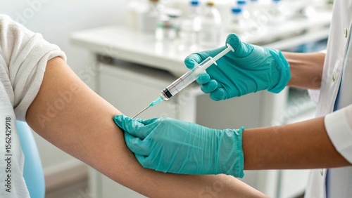 A close-up shot of a medical professional, wearing blue gloves and a white coat, administering an injection into a person's arm