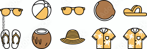 Vector icon sheet of summer accessories – Ideal for tropical product branding, seasonal advertising, or vacation content