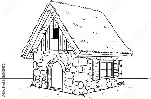 Stone Cottage with Thatch Roof and Wooden Door Line Art Vector Illustration 