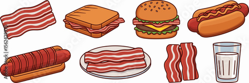 Cartoon bacon icon sheet with creative food items – Suitable for diner branding, novelty menus, or playful food content