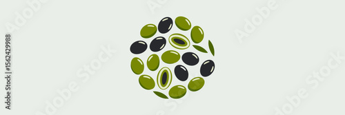 Icon sheet of black and green olives with pits and halves – Perfect for grocery branding, recipe design, or healthy food content