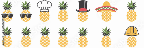 Pineapple icons with hats and expressions – Perfect for party branding, summer visuals, or novelty product design