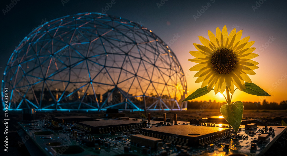 Obraz premium A sunflower blooms from a circuit board against a geodesic dome and sunset, symbolizing eco-tech harmony.