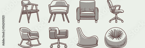Icon sheet of various chair types – Great for furniture catalogs, interior design visuals, or seating-related content