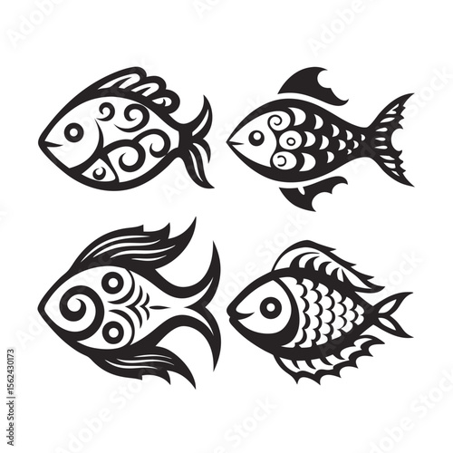 Four unique monochrome fish show varied fin and scale designs in creative patterns