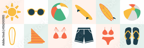 Vector icon sheet of summer clothing and gear – Great for holiday visuals, lifestyle content, or promotional design packs