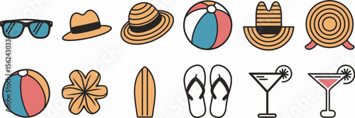 Vector icon sheet of summer wear and accessories – Suitable for travel guides, retail promotions, or fashion blogs