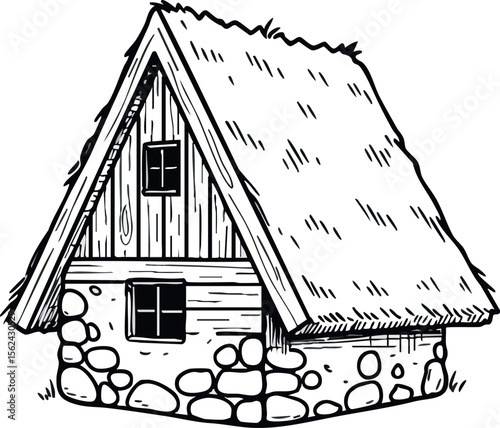 Traditional rustic house with thatched roof and stone foundation vector illustration 