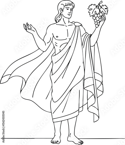 Greek god Dionysus holding grapevine fruit line art vector illustration 